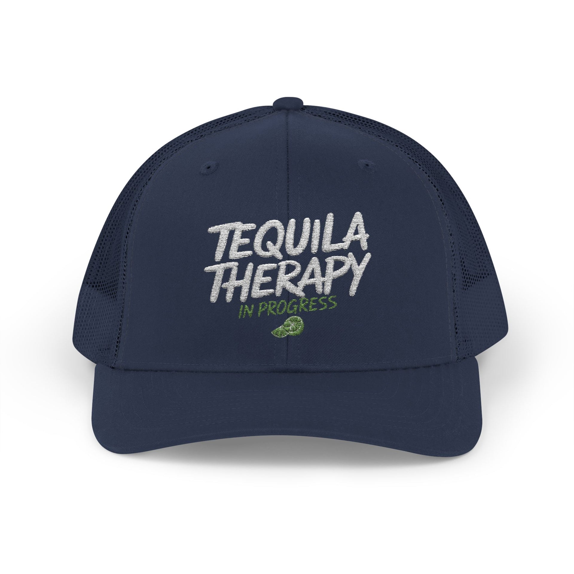 a navy curved bill trucker hat with the phrase 'Tequila Therapy in Progress'  funny Spring Break, Girls Trip, Guys Trip, Beach Trip, SummerVacation bachelor or Bachelorette hat