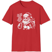 Red t-shirt with a graphic of Santa Claus holding a beer and the text cant have christmas cheer without christmas beer