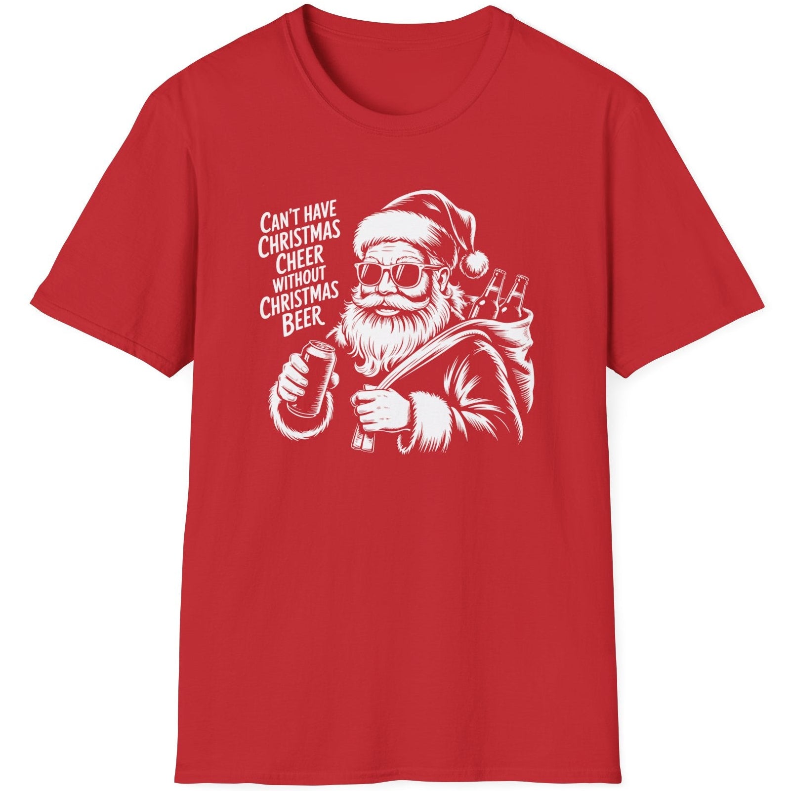Red t-shirt with a graphic of Santa Claus holding a beer and the text cant have christmas cheer without christmas beer
