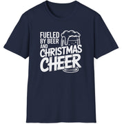 Navy blue t-shirt with white text 'Fueled by Beer and Christmas Cheer, ' funny christmas sweater