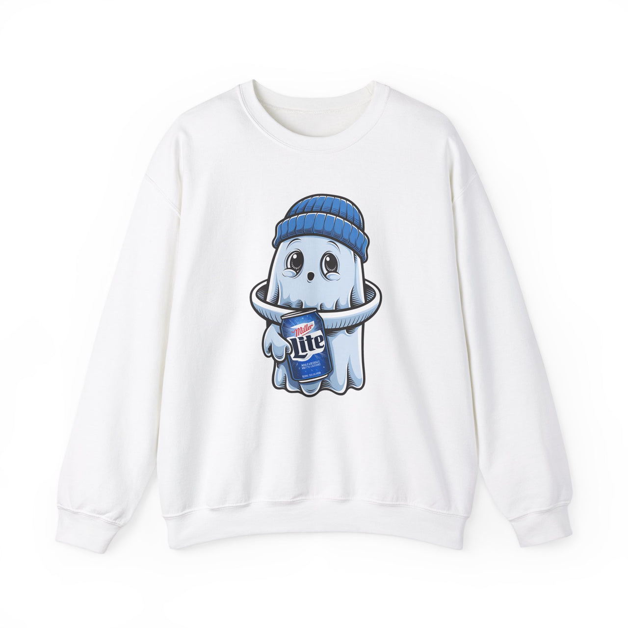 Cute Ghost in Beanie Holding Miller Lite Sweatshirt – Funny Halloween Beer Design