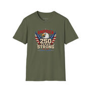 A military green T-shirt with an eagle graphic and '250 Years Strong' text, patriotic 4th of July, America 250 design