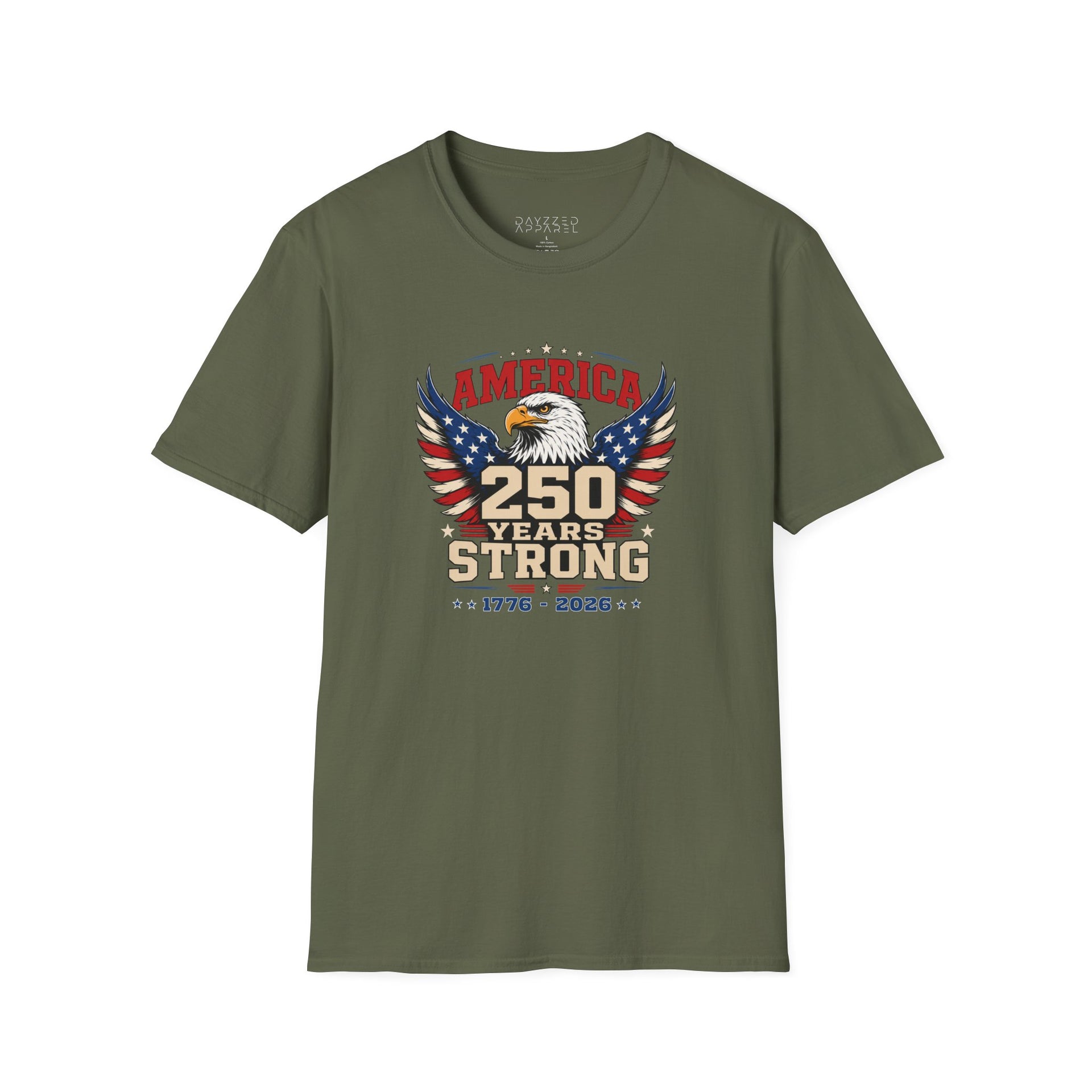 A military green T-shirt with an eagle graphic and '250 Years Strong' text, patriotic 4th of July, America 250 design