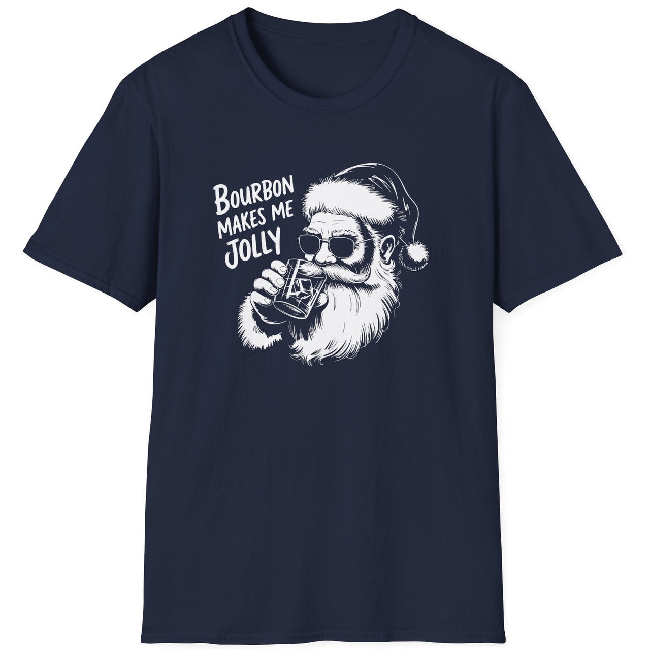 Funny Christmas Humor Short Sleeve Shirt with Santa drinking bourbon and the text "Bourbon Makes Me Jolly" - Navy Blue