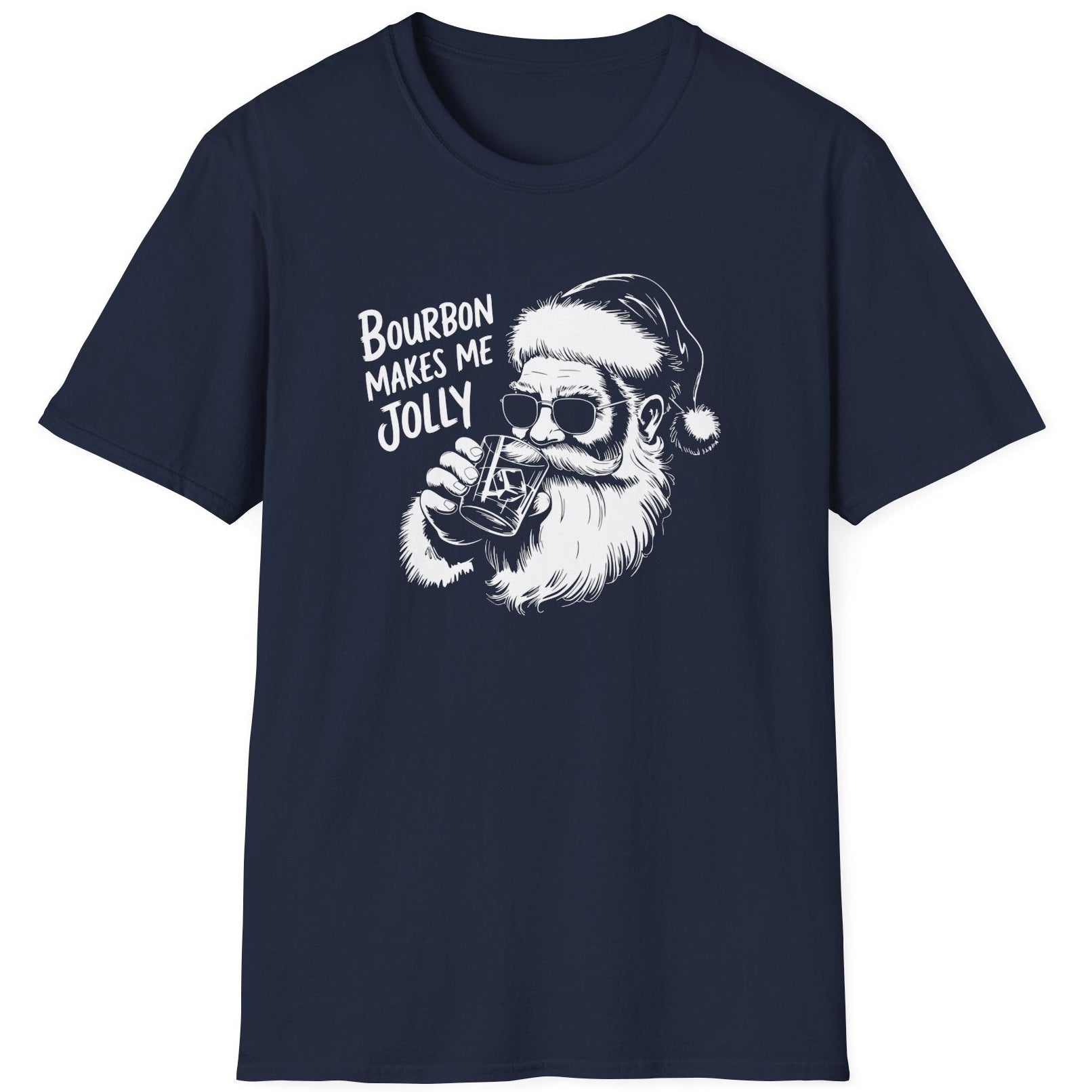 Funny Christmas Humor Short Sleeve Shirt with Santa drinking bourbon and the text "Bourbon Makes Me Jolly" - Navy Blue