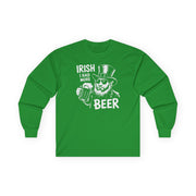 Green long sleeve tee with leprechaun graphic and text 'Irish I had more beer' funny St Patricks pub crawl and parade design