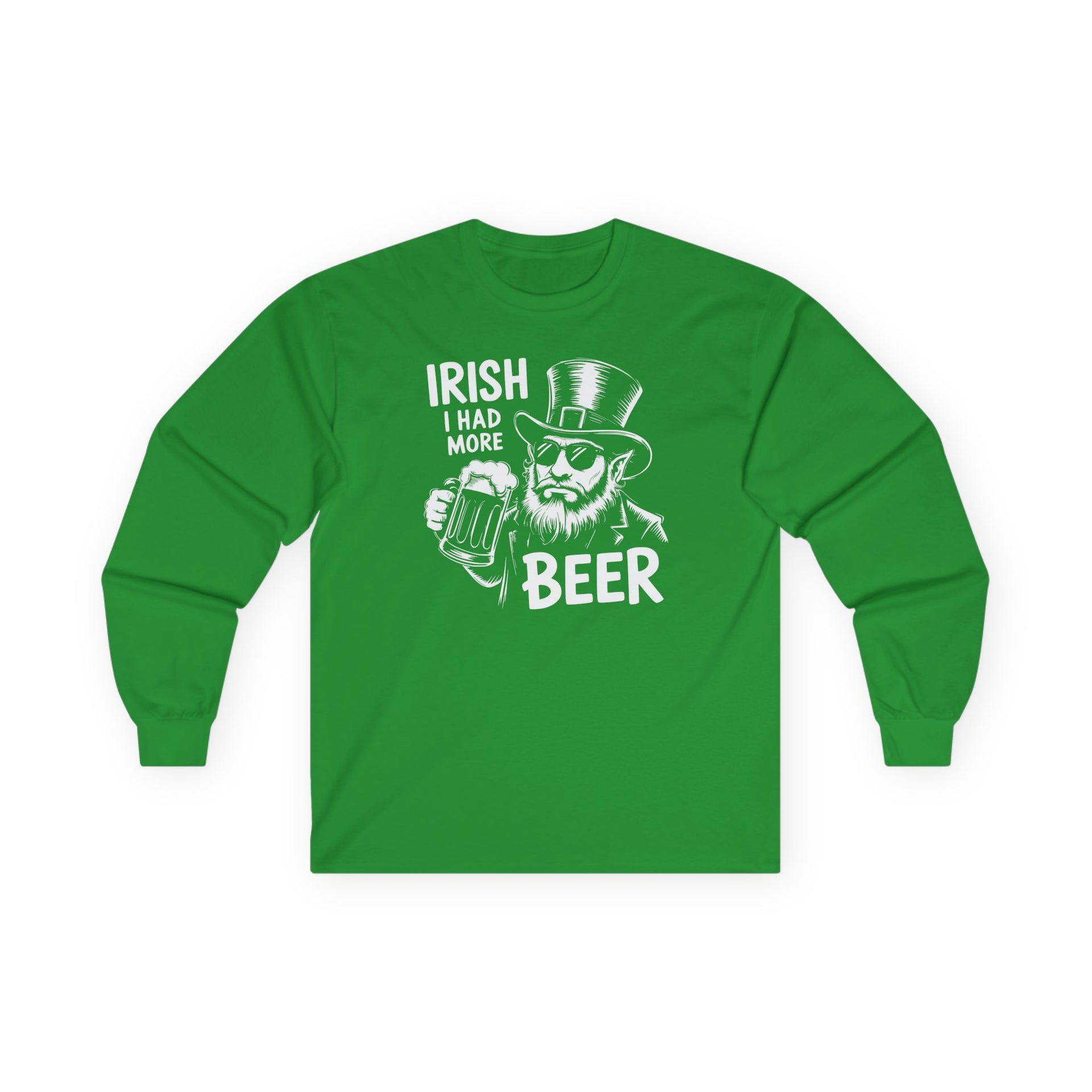 Green long sleeve tee with leprechaun graphic and text 'Irish I had more beer' funny St Patricks pub crawl and parade design