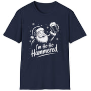 Funny Christmas Drinking Humor Short Sleeve Shirt with Santa holding a beer mug and the text and the text "I'm Ho Ho Hammered" - Navy Blue