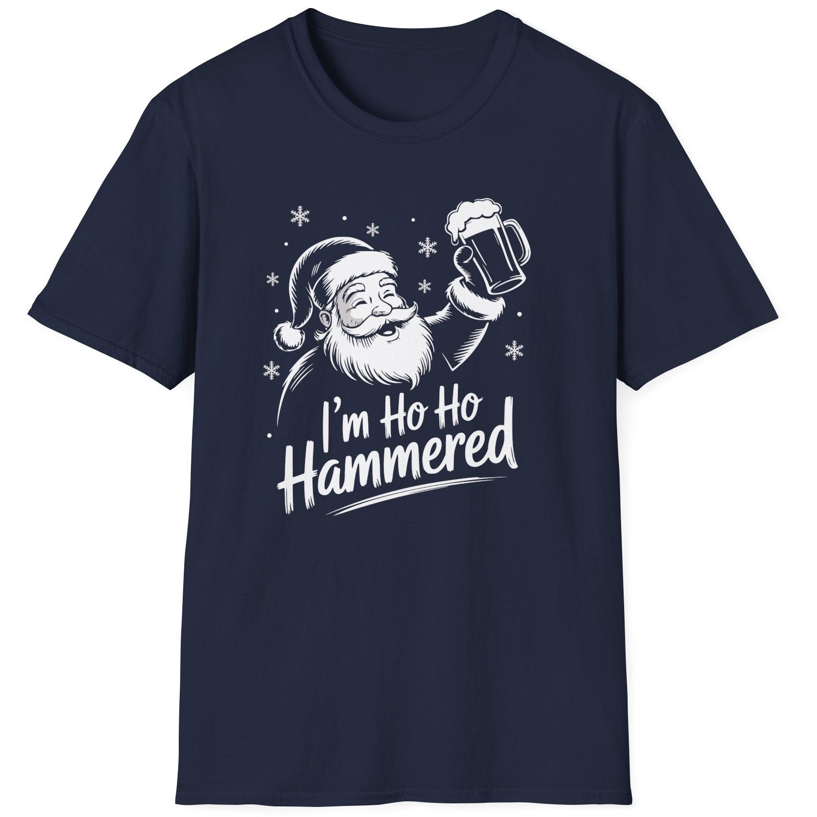 Funny Christmas Drinking Humor Short Sleeve Shirt with Santa holding a beer mug and the text and the text "I'm Ho Ho Hammered" - Navy Blue