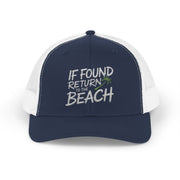a navy and white trucker hat with the phrase 'If Found Return to the Beach' funny Spring break, girls trip, beach trip, summer vacation, guys trip, bachelor or bachelorette party design