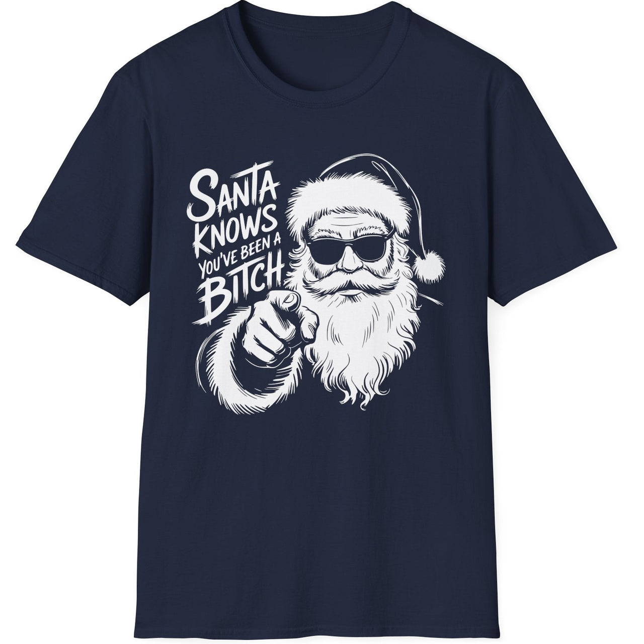 Funny Christmas Humor Short Sleeve Shirt with Santa pointing and the text "Santa Knows You've Been a Bitch" - Navy Blue