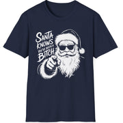 Funny Christmas Humor Short Sleeve Shirt with Santa pointing and the text "Santa Knows You've Been a Bitch" - Navy Blue