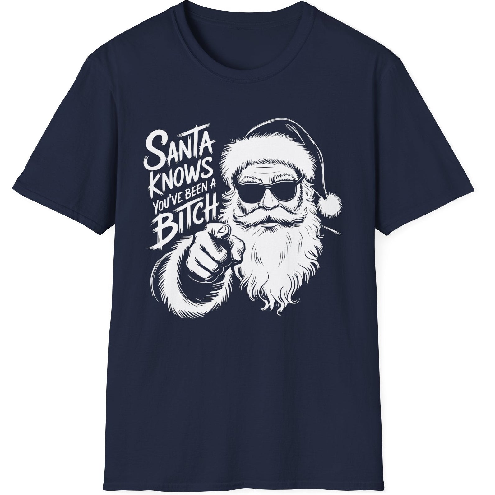 Funny Christmas Humor Short Sleeve Shirt with Santa pointing and the text "Santa Knows You've Been a Bitch" - Navy Blue