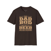 a brown t-shirt with the phrase "THis Dad Bod was Built on Beer and Bad decisions" funny father's day design