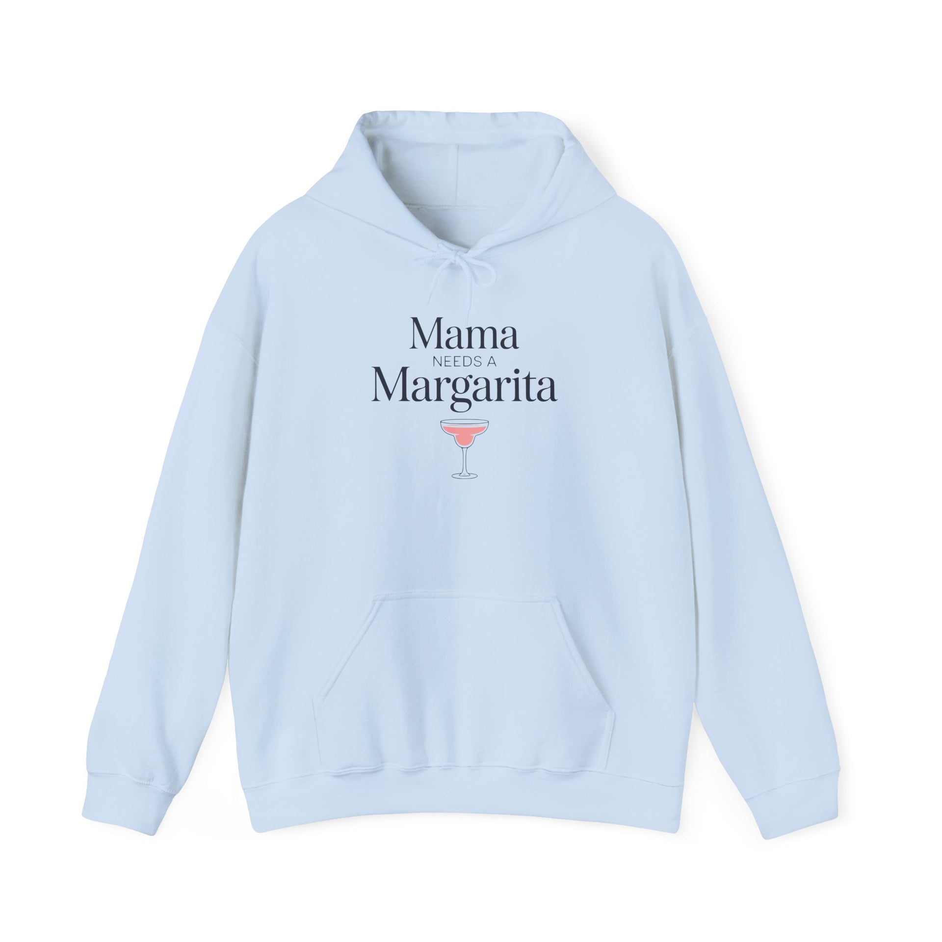 a light blue hoodie with 'Mania Needs a Margarita' text and a cocktail graphic funny mother's day, girls trips, beach trips, mom life design