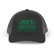 a black and gray curved bill trucker hat with 'Not Irish (not either other)' text funny St Patricks Day pub crawl design