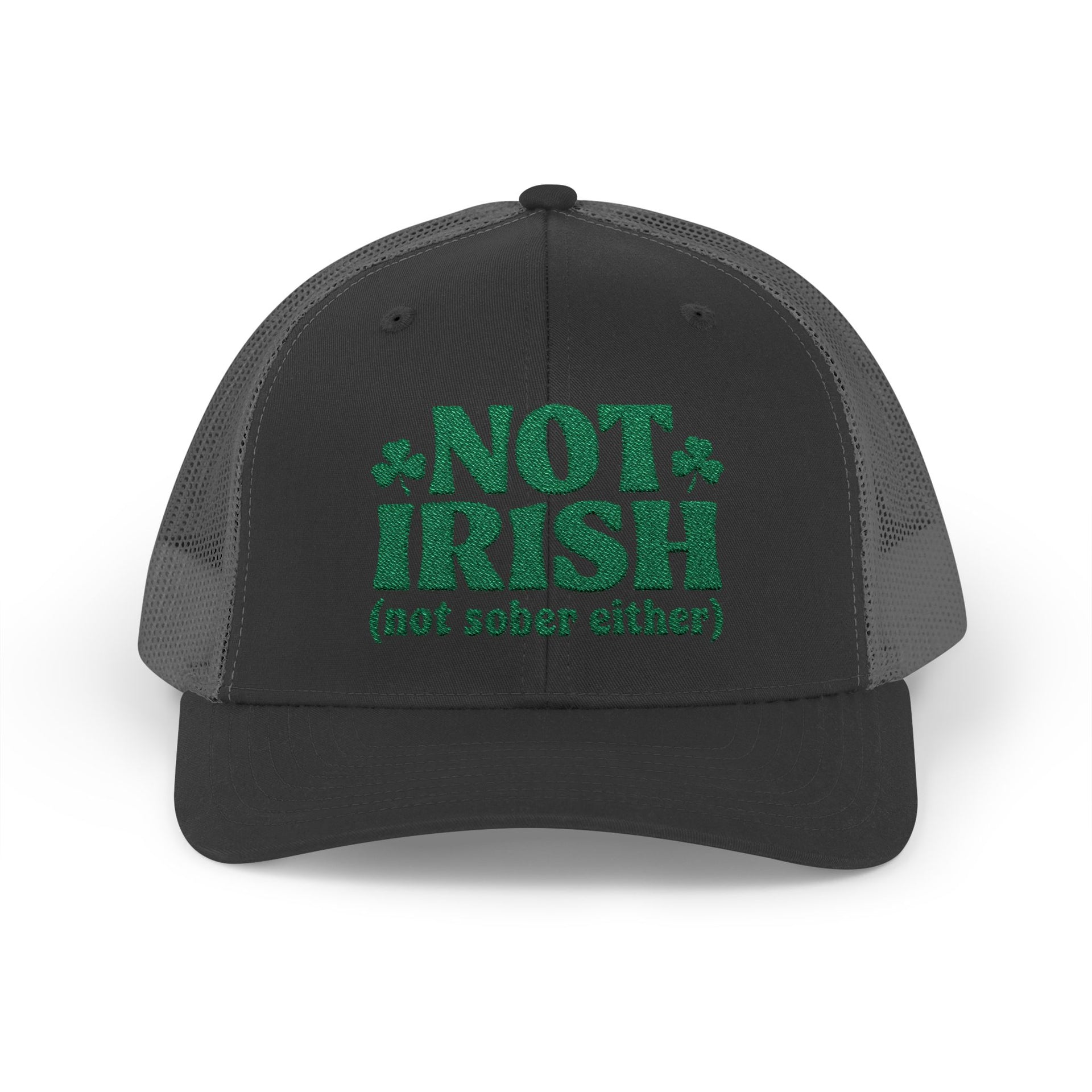 a black and gray curved bill trucker hat with 'Not Irish (not either other)' text funny St Patricks Day pub crawl design