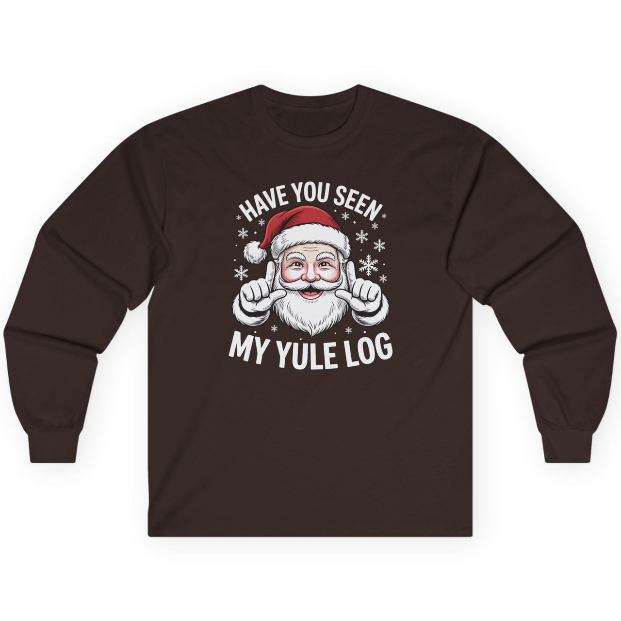 Black long-sleeve shirt with Santa Claus graphic and text have you seen my yule log funny christmas shirt