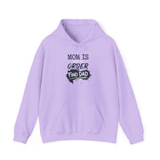 a lavender hoodie with text 'Mom is out of order find dad' funny mother's day, mom life, girls trip design