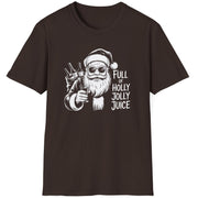 Brown  t-shirt with a graphic of Santa Claus holding a bottle and text 'Full of Holly Jolly Juice'  funny christmas sweater
