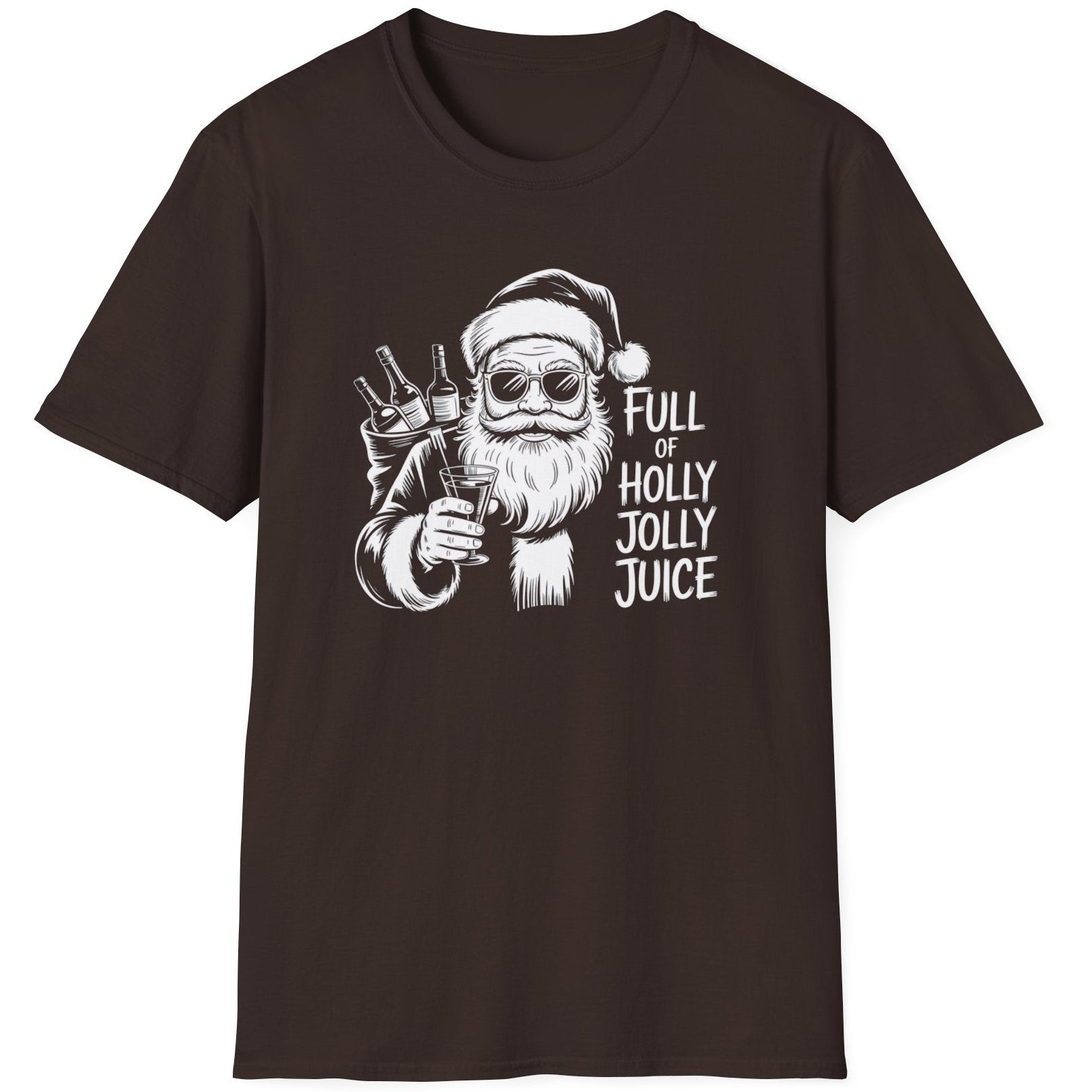 Brown  t-shirt with a graphic of Santa Claus holding a bottle and text 'Full of Holly Jolly Juice'  funny christmas sweater