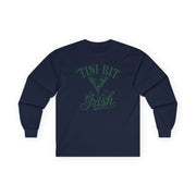 navy long sleeve shirt with 'Tini Bit Irish' text funny st patricks day design