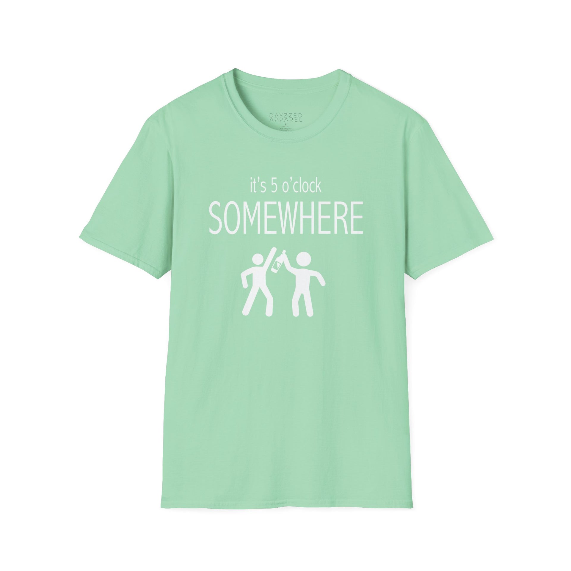 a light green t-shirt with 'it's 5 o'clock SOMEWHERE' text funny day drinking, spring break, summer acation, guys trip or girls trip design

