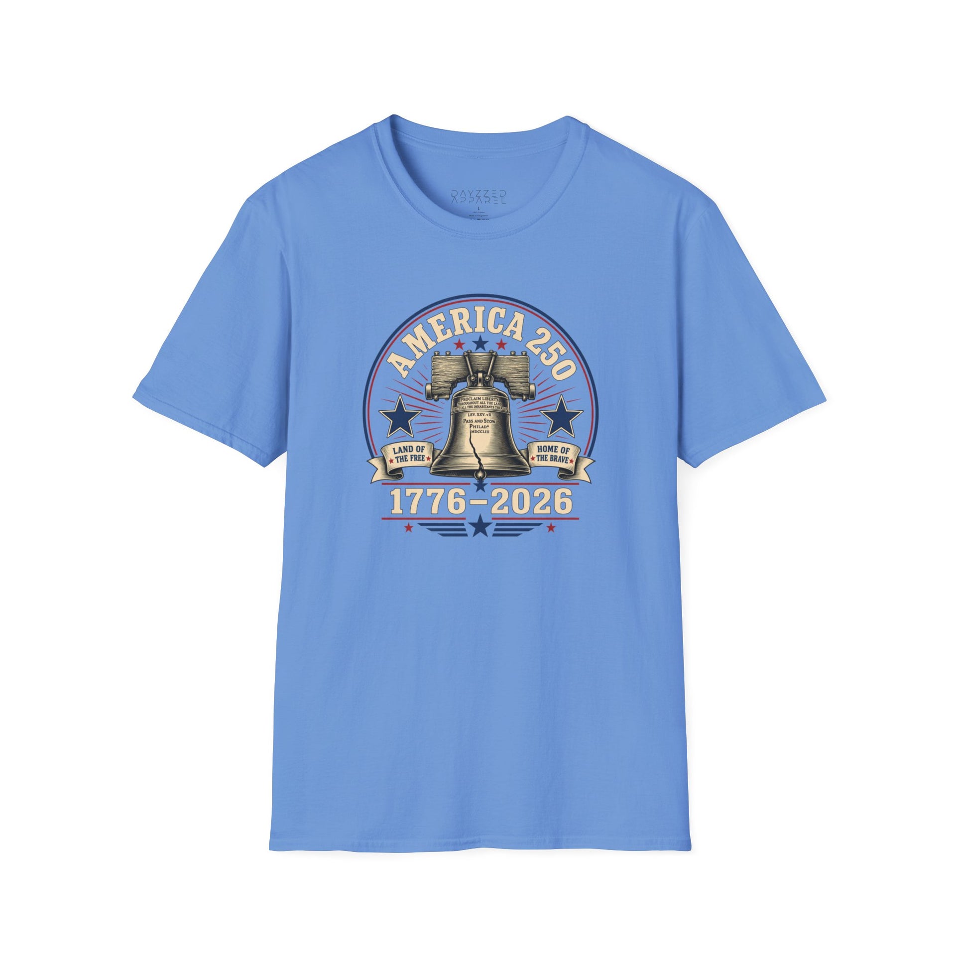 a light blue t-shirt with a 'America 250' Patriotic 4th of July, Memorial Day design
