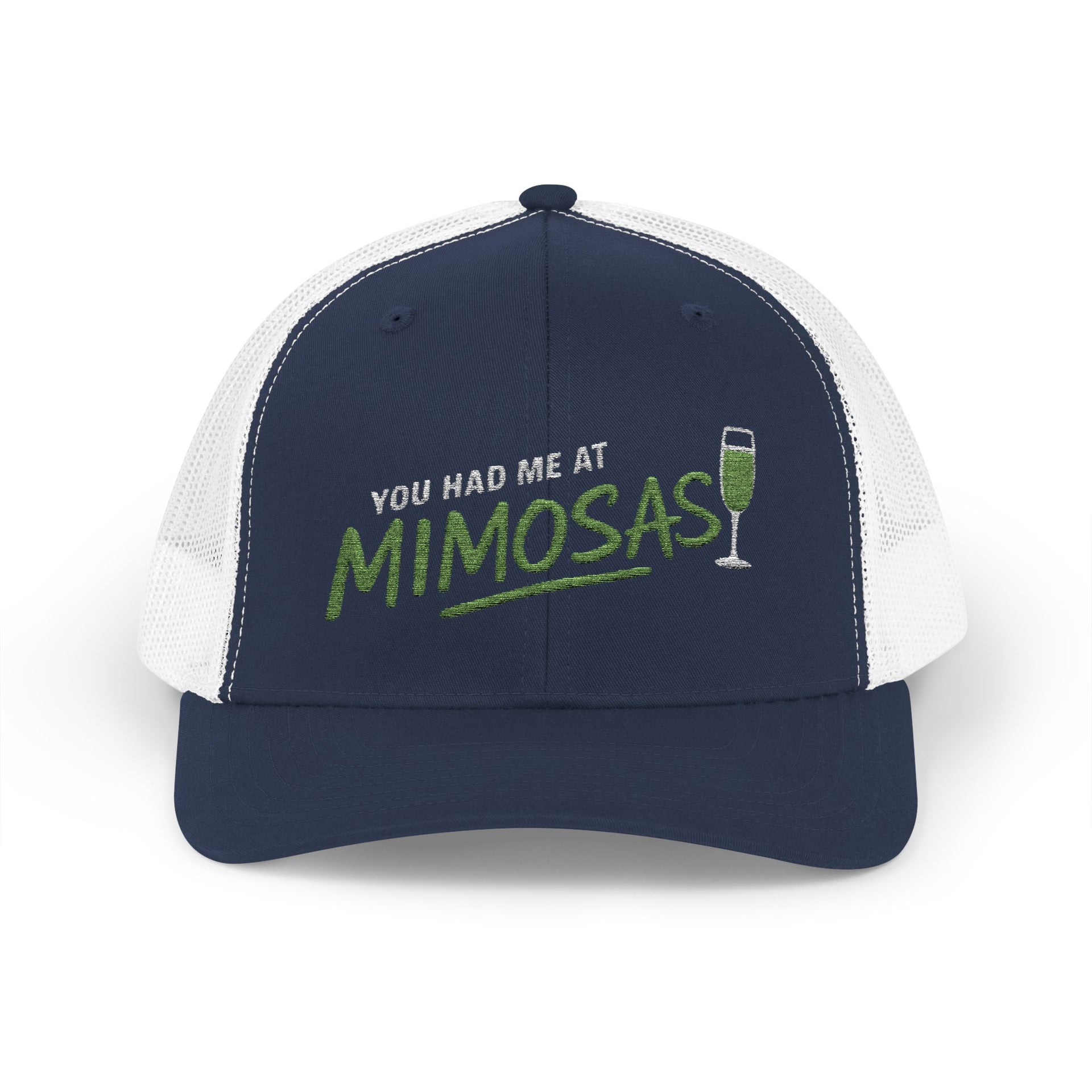 a navy and white curved bill trucker hat with the phrase'You Had Me at Mimosas' text funny Spring break, girls trip, guys trip, beach trip, summer vacation, lake season design
