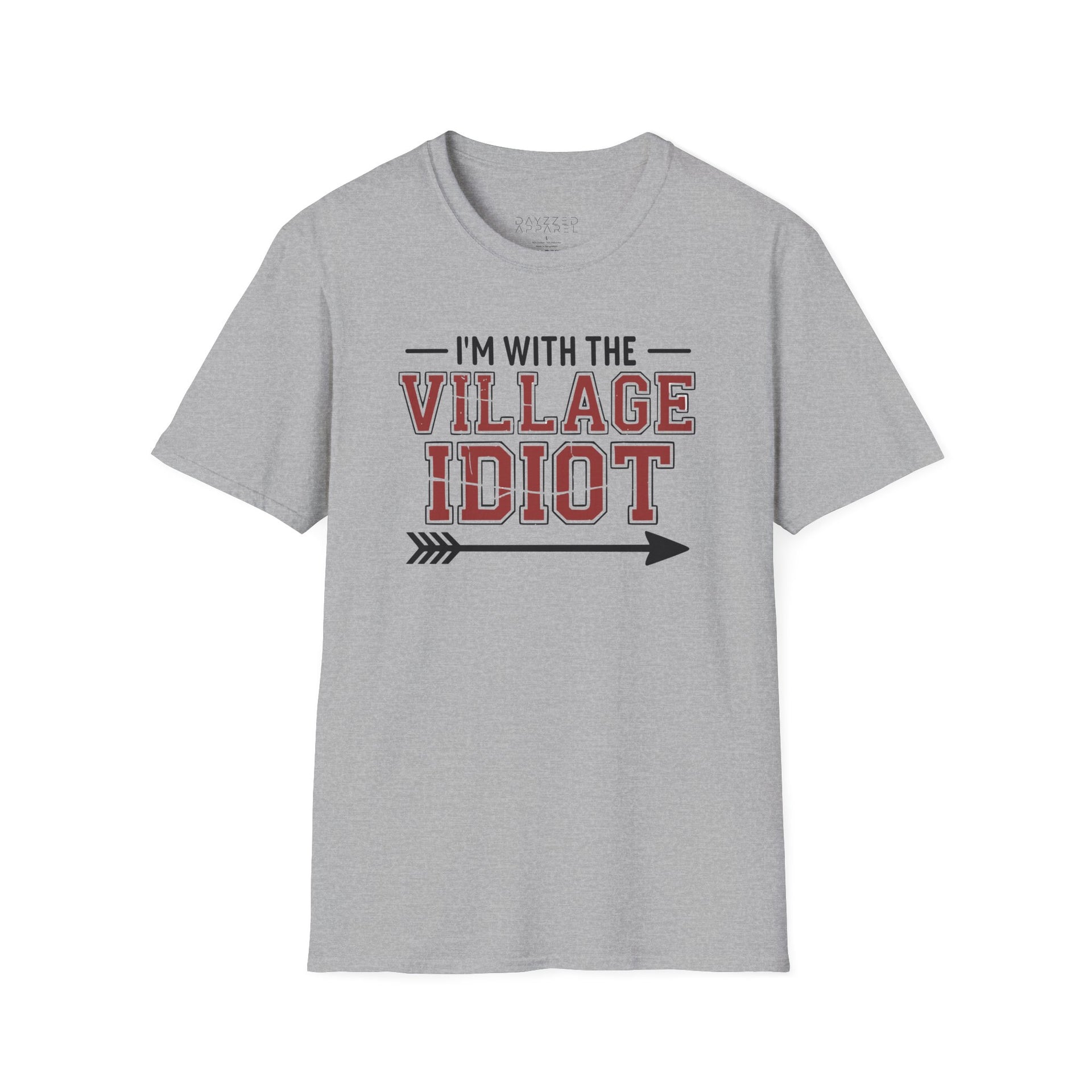 premium softstyle t-shirt  with the phrase  'I'm with the village idiot' funny spring break, beach vacations, lake days, girls trip, guys trip, matching couples designs