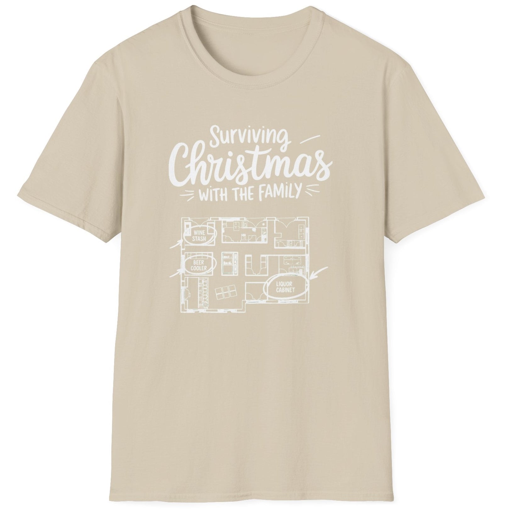 Beige  t-shirt with the phrase surviving christmas with the family funny christmas sweater