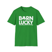 green t-shirt with 'Born Lucky' text and clover funny st patricks day design