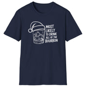 Funny Christmas Drinking Humor Short Sleeve Shirt with a bourbon glass with a santa hat and the text "Most Likely to Drink All of the Bourbon" - Navy Blue