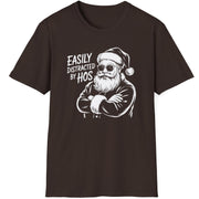 Funny Christmas Humor Short Sleeve Shirt with santa arms corssed and the text and the text "Easily Distracted By Hos" - Dark Chocolate