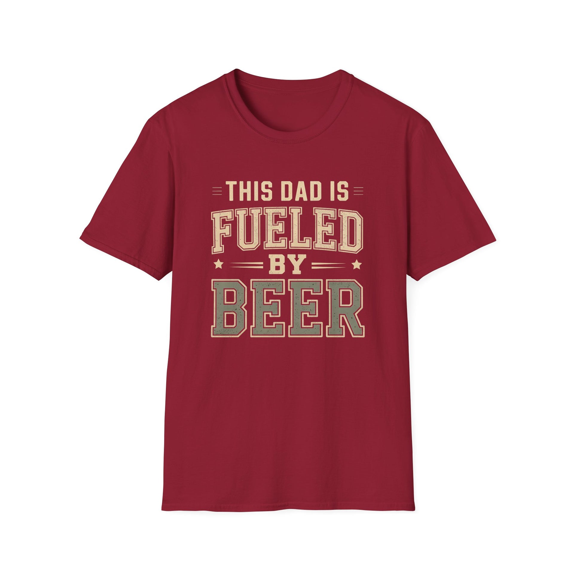 a red t-shirt with 'This Dad is Fueled by Beer' text funny father's day gift