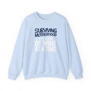 a light blue sweatshirt with the phrase 'Surviving Motherhood One Glass of Wine at a Time' funny mother's day, mom life, girls trip design