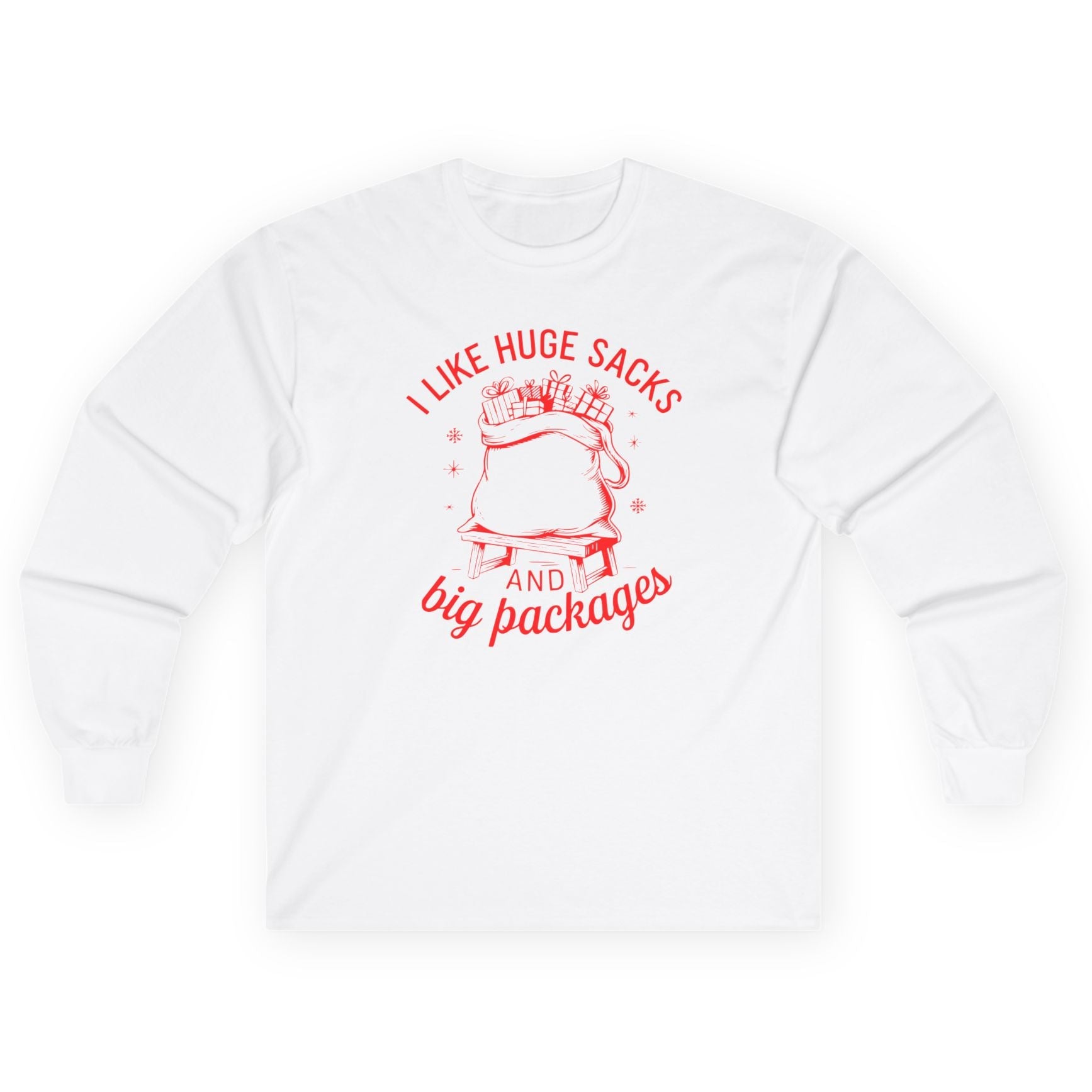 funny christmas white long-sleeve shirt with the phrase i like huge sacks and big packages