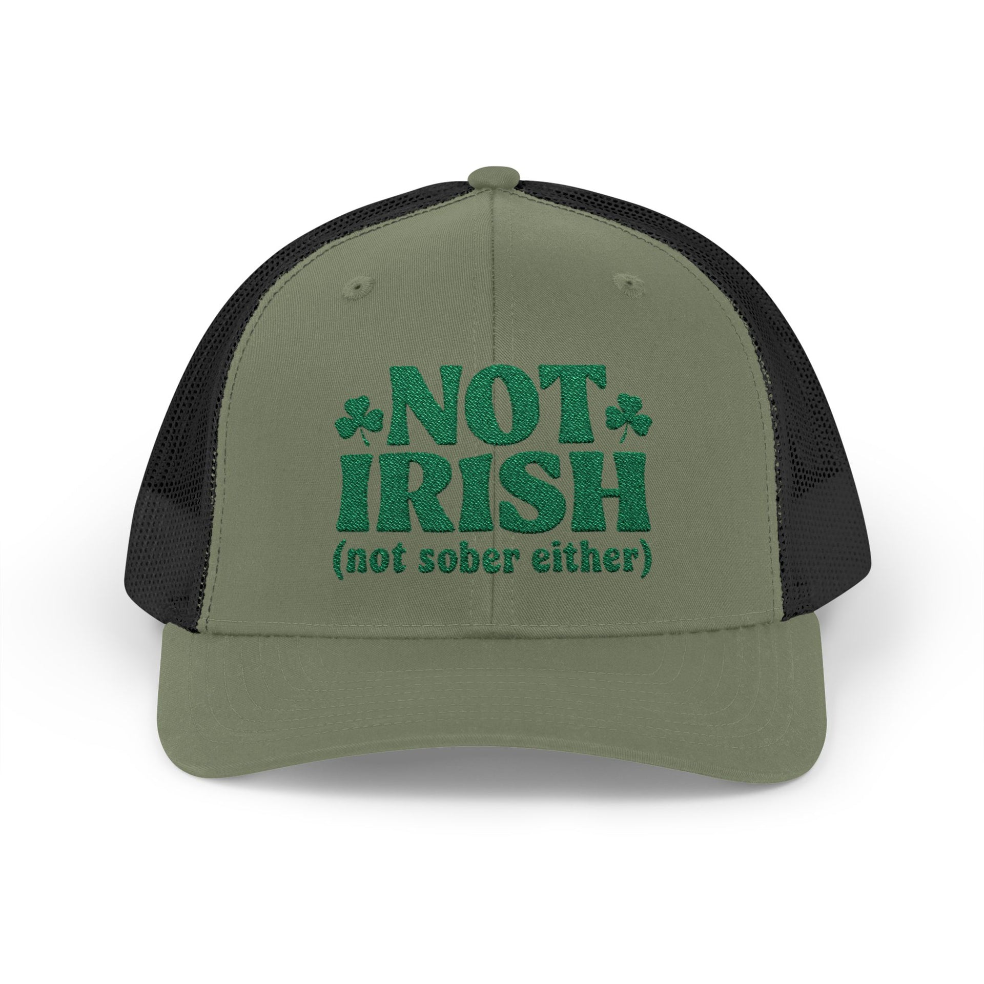 a green and black curved bill trucker hat with 'Not Irish (not either other)' text funny St Patricks Day pub crawl design