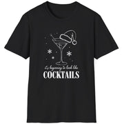 Funny Christmas Drinking  Short Sleeve Shirt with  a cocktail glass with a santa hat on top and the text "It's Beginning to Feel Like Cocktails" - Black