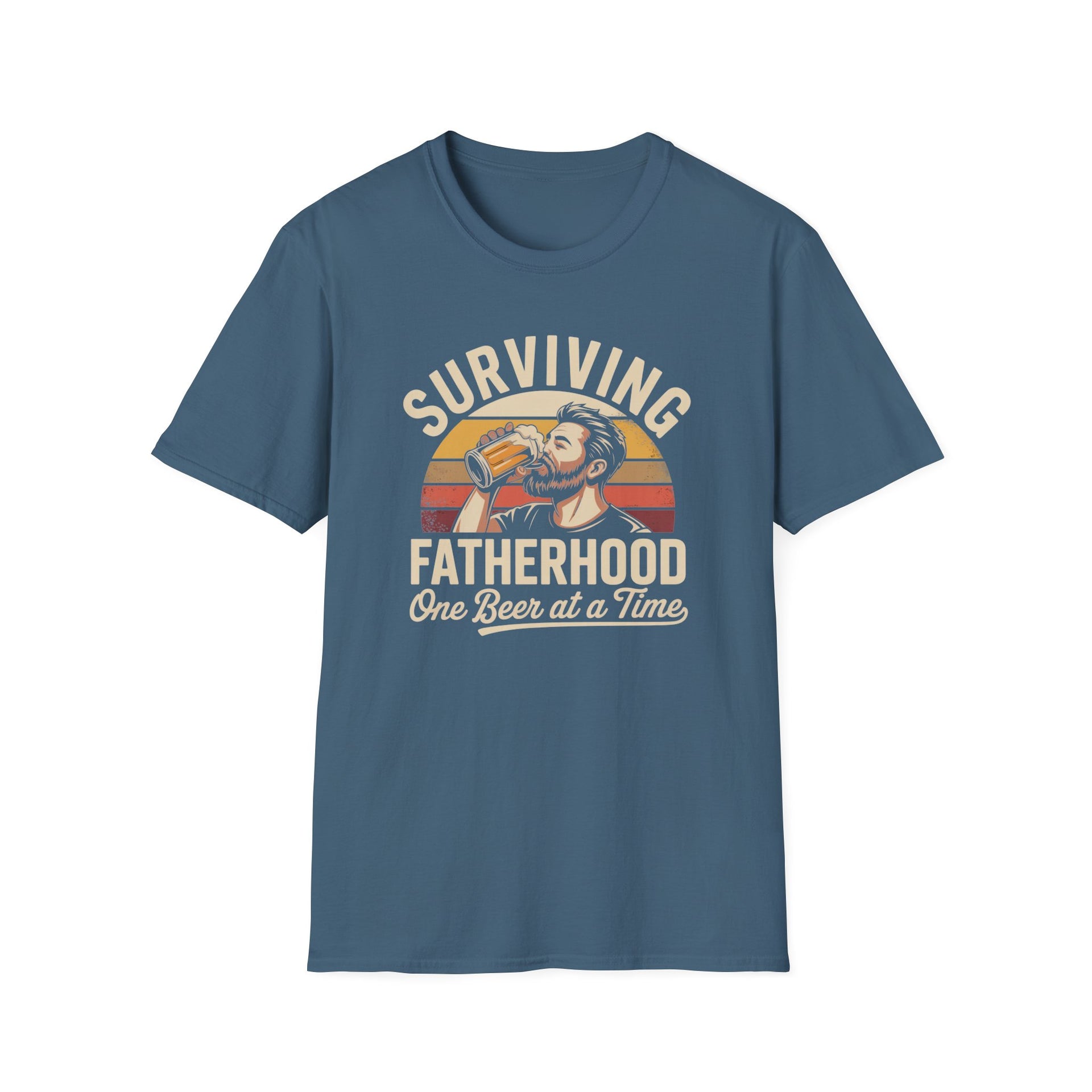a light blue black t-shirt with the phrase 'Surviving Fatherhood One Beer at a Time" and a retro sunset graphic of a man drinking a beer funny father's day dad gift idea