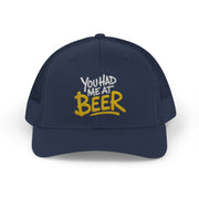 a navy trucker hat with the phrase  'You Had Me at Beer' text funny spring break, guys trip, girls trip, bachelor party, bachelorette party, lake season, beach trip, summer vacation design