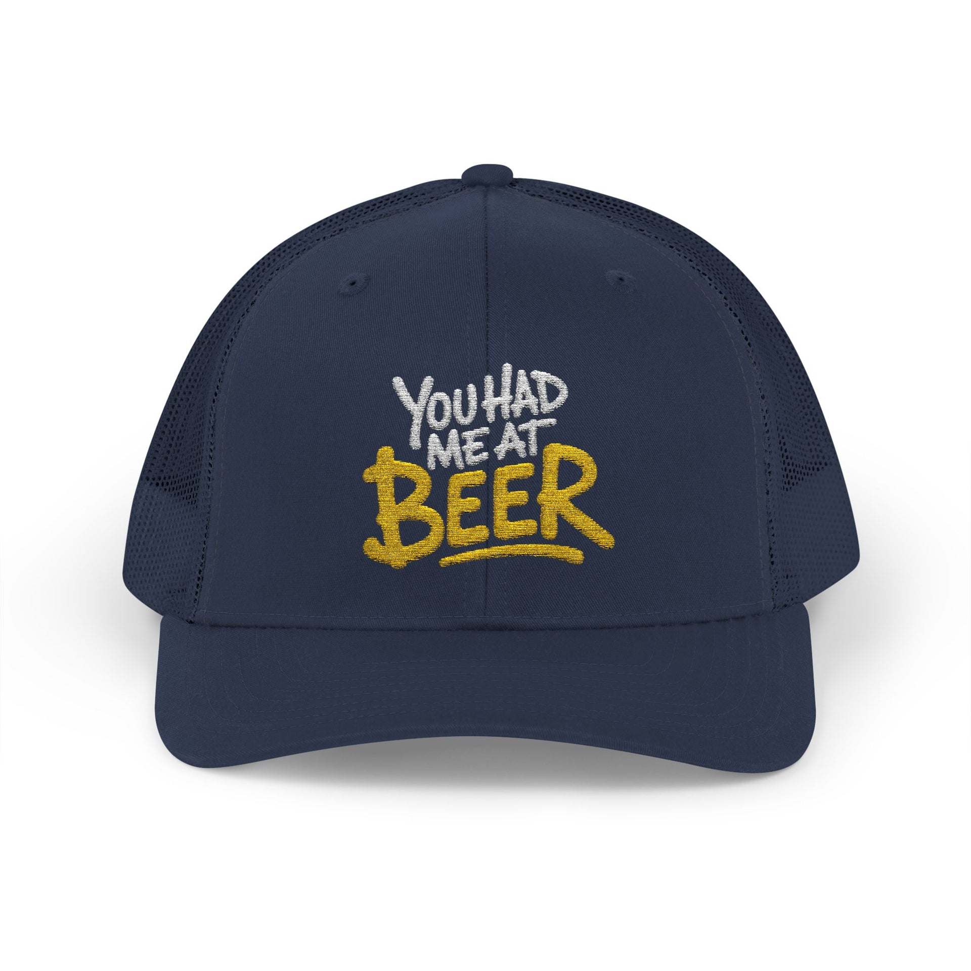 a navy trucker hat with the phrase  'You Had Me at Beer' text funny spring break, guys trip, girls trip, bachelor party, bachelorette party, lake season, beach trip, summer vacation design