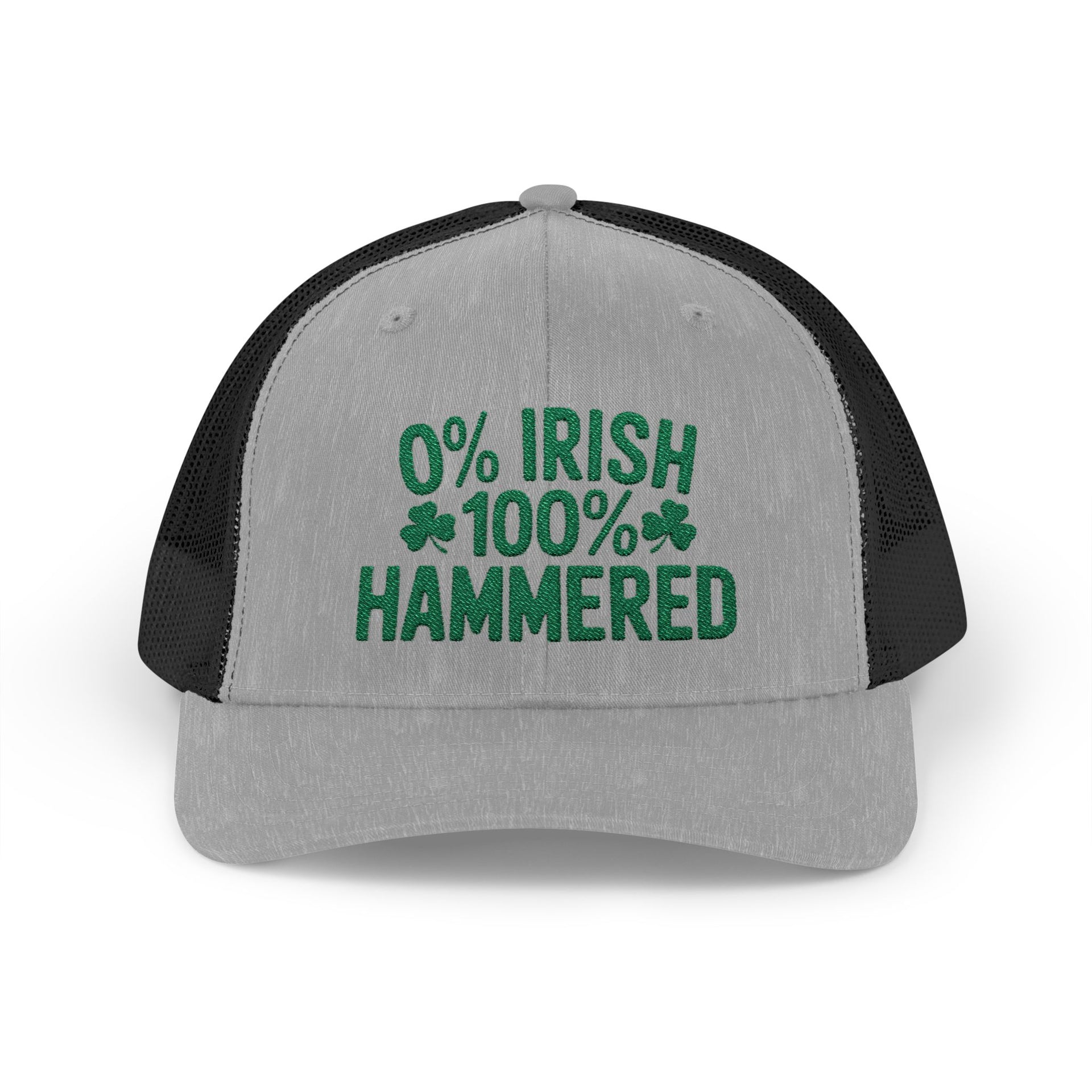 A gray and black curved trucker hat with the phrase '0% Irish 100% HAMMERED' funny St Patricks Day Pub crawl and Parade design