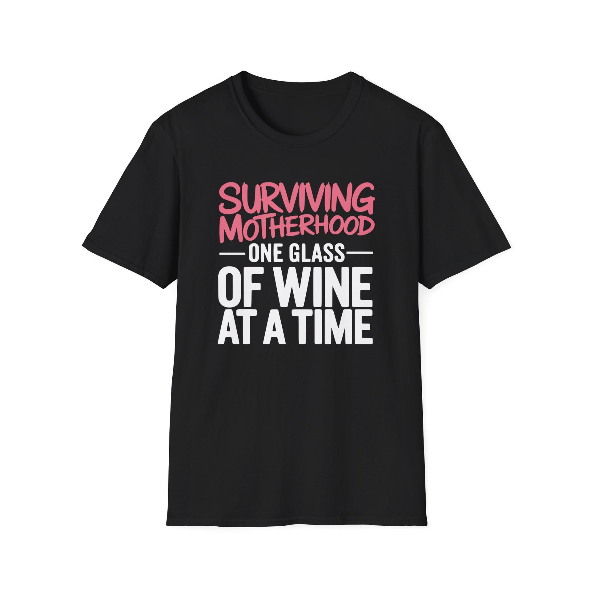 a black t-shirt with the phrase 'Surviving Motherhood One Glass of Wine at a Time' funny Mother's day, beach vacation, spring break design