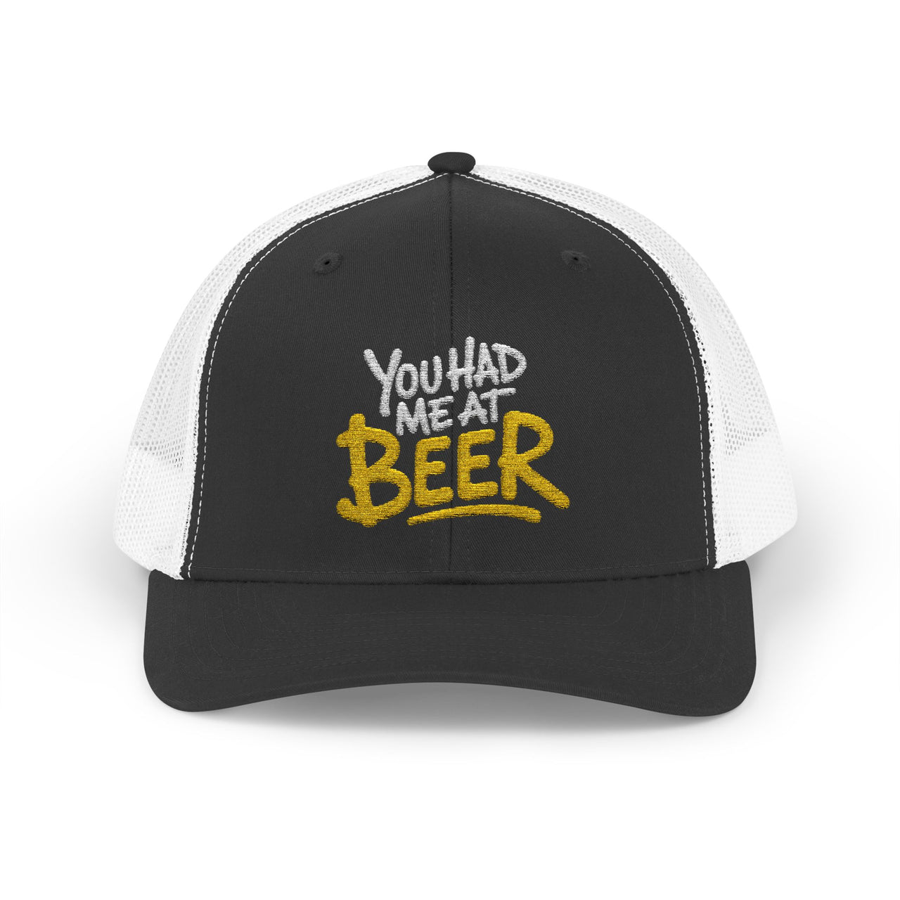 a black and white trucker hat with the phrase  'You Had Me at Beer' text funny spring break, guys trip, girls trip, bachelor party, bachelorette party, lake season, beach trip, summer vacation design