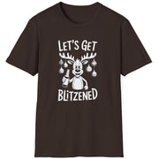 Funny Christmas Drinking Short Sleeve Shirt with a reindeer holding a beer with ornaments draped from his antlers and the text "Let's Get Blitzened" - Dark Chocolate