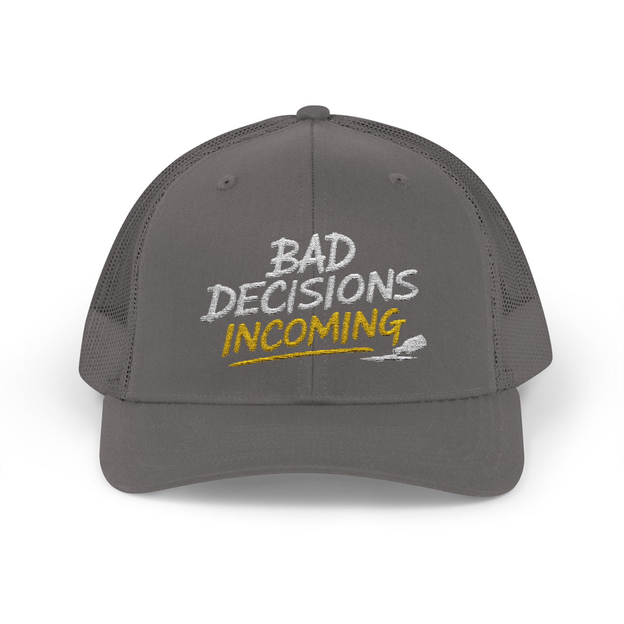 Woman wearing a charcoal curved trucker hat with embroidered text 'Bad Decisions Incoming'  funny Spring Break, Girls rips, Guys Trips, Beach Trips, Bachelor or Bachelorette design