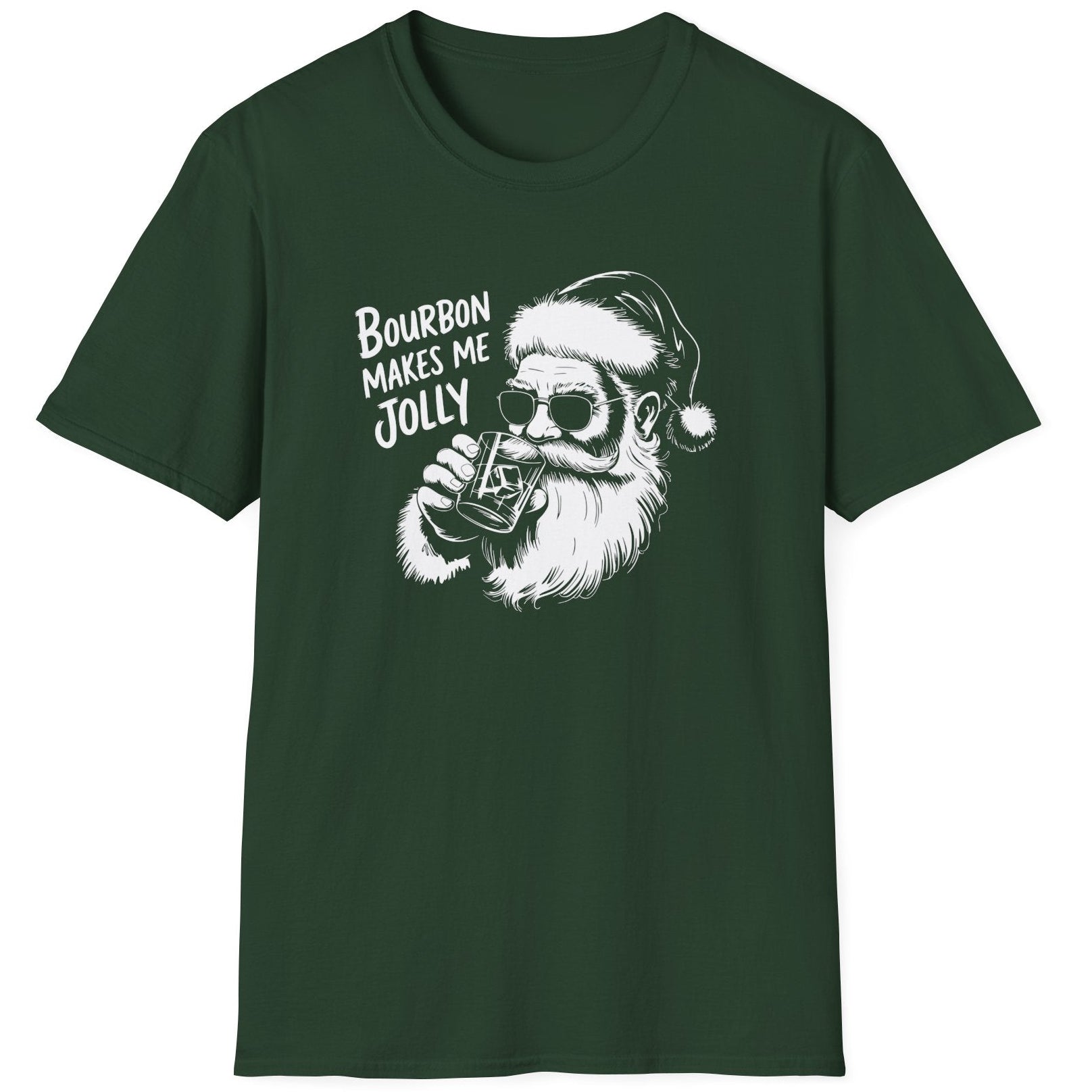 Funny Christmas Humor Short Sleeve Shirt with Santa drinking bourbon and the text "Bourbon Makes Me Jolly" - Forest Green