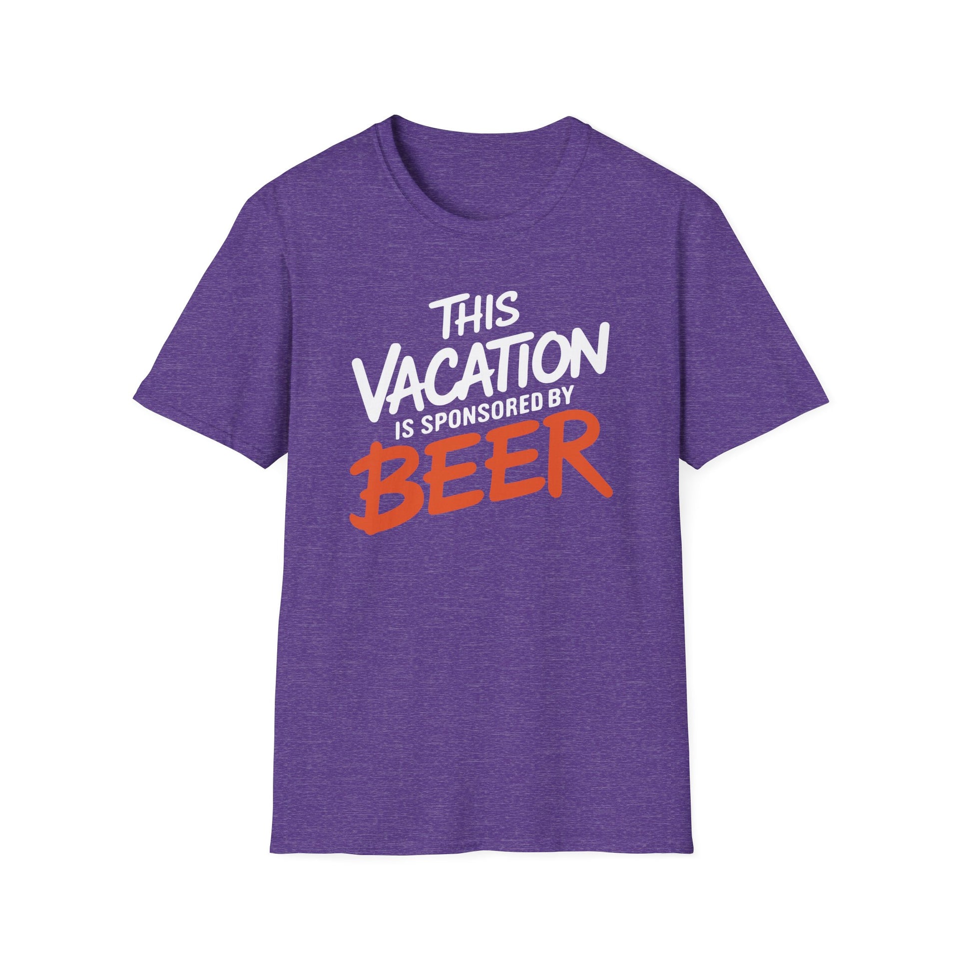 a purple soft-style cotton t-shirt with 'This Vacation is Sponsored by Beer' text funny spring break, beach trip, girls trip, summer vacation design