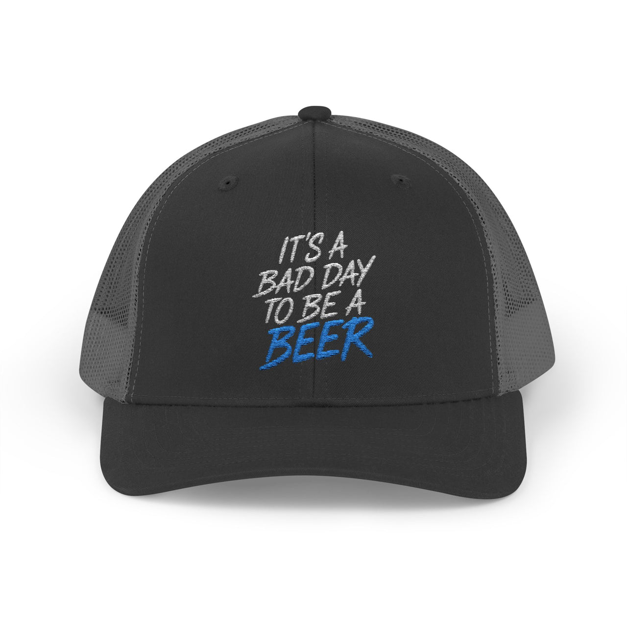  a black and gray trucker hat with teh phrase its a bad day to be a beer funny spring break, guys trip, girls trip, beach trip, lake season design